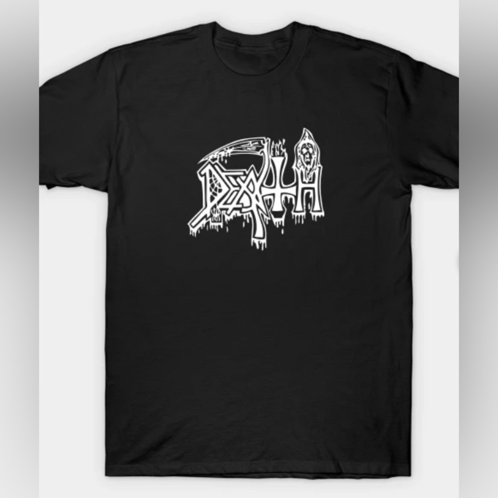 “Death” (with detailed logo) on high quality Bella t-shirt in black ladies large